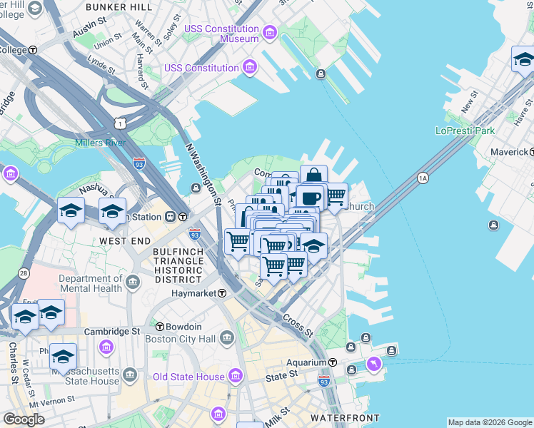 map of restaurants, bars, coffee shops, grocery stores, and more near in Boston