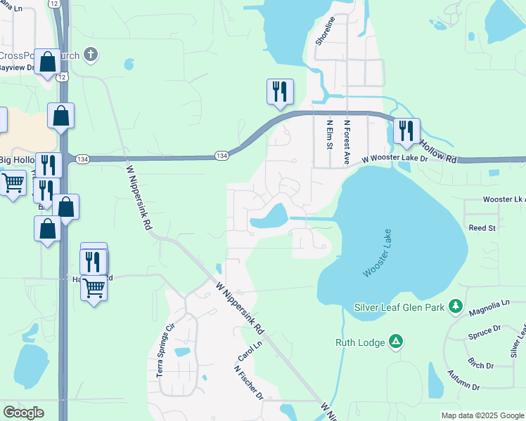 map of restaurants, bars, coffee shops, grocery stores, and more near 448 Blue Springs Drive in Fox Lake