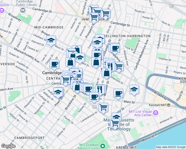 map of restaurants, bars, coffee shops, grocery stores, and more near 6 Worcester Street in Cambridge