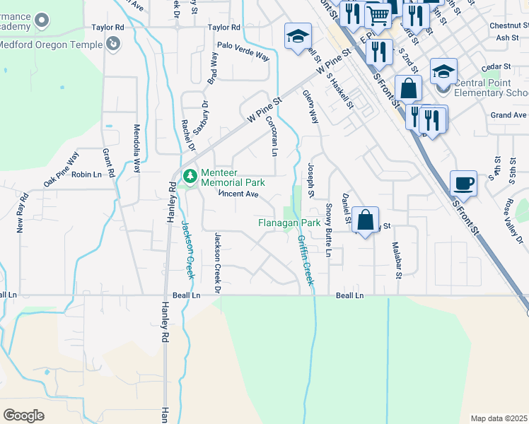 map of restaurants, bars, coffee shops, grocery stores, and more near 117 Justin Court in Central Point