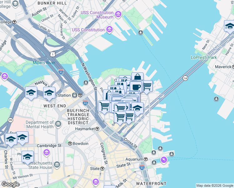 map of restaurants, bars, coffee shops, grocery stores, and more near in Boston