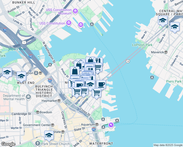 map of restaurants, bars, coffee shops, grocery stores, and more near 7 Powers Court in Boston