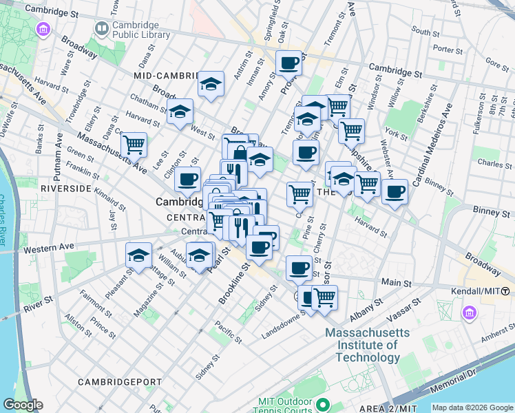 map of restaurants, bars, coffee shops, grocery stores, and more near 5 Ashburton Place in Cambridge