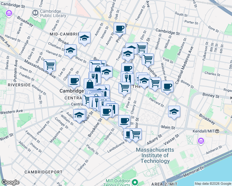 map of restaurants, bars, coffee shops, grocery stores, and more near 385 Washington Street in Cambridge