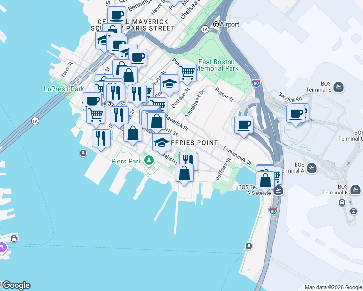 map of restaurants, bars, coffee shops, grocery stores, and more near 403 Sumner Street in Boston