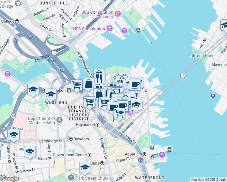 map of restaurants, bars, coffee shops, grocery stores, and more near 3 Snow Hill Street in Boston
