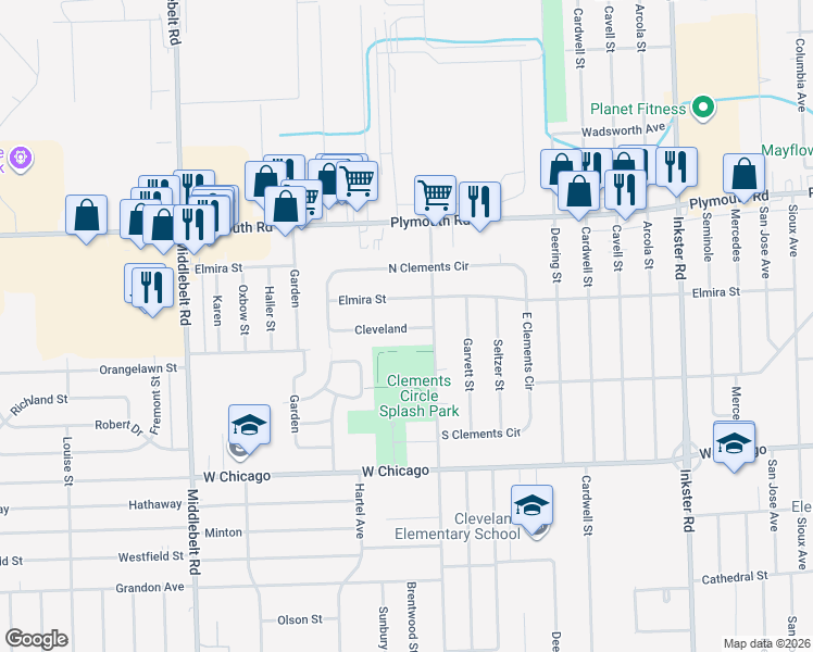 map of restaurants, bars, coffee shops, grocery stores, and more near 28419 Cleveland in Livonia
