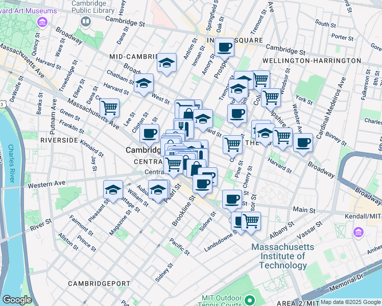 map of restaurants, bars, coffee shops, grocery stores, and more near 1 Ashburton Place in Cambridge