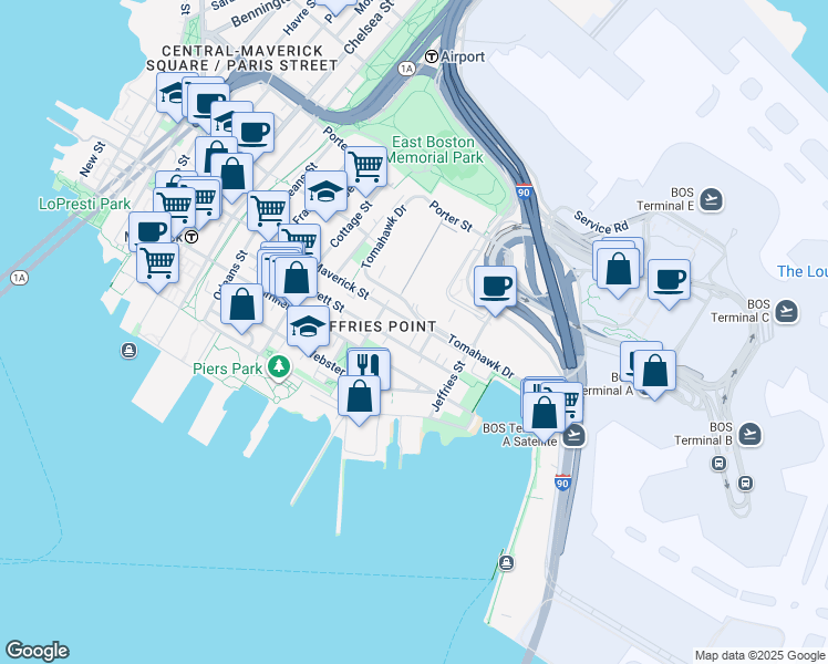 map of restaurants, bars, coffee shops, grocery stores, and more near 206 Everett Street in Boston
