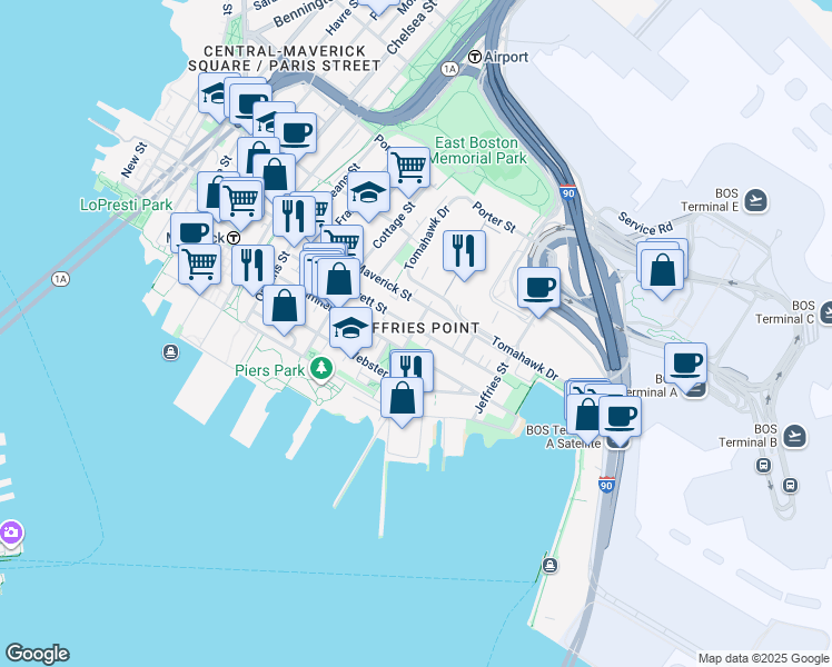 map of restaurants, bars, coffee shops, grocery stores, and more near 430 Sumner Street in Boston
