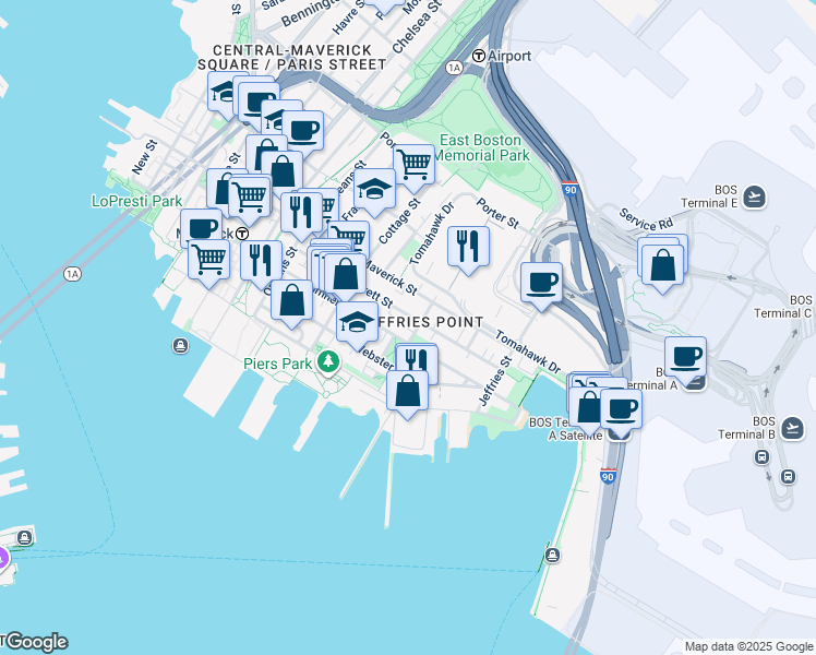 map of restaurants, bars, coffee shops, grocery stores, and more near 430 Sumner Street in Boston