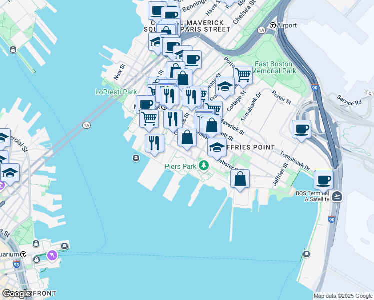 map of restaurants, bars, coffee shops, grocery stores, and more near 110A Marginal Street in Boston