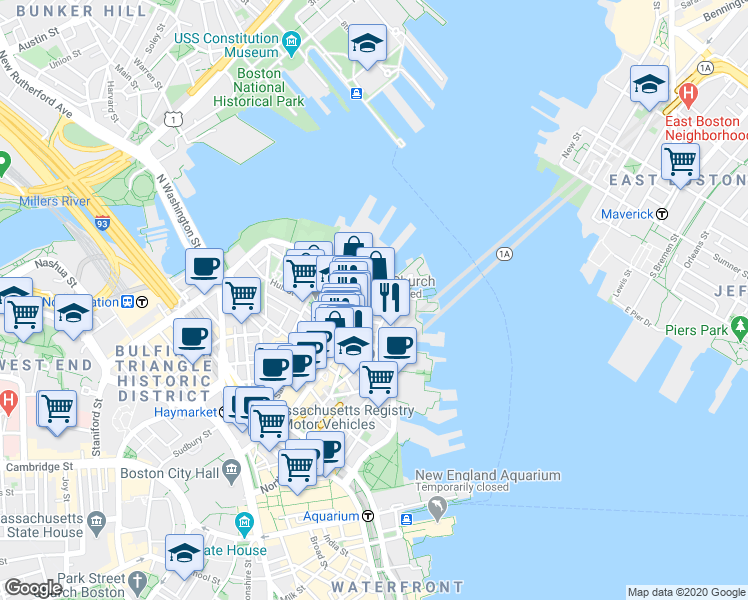 map of restaurants, bars, coffee shops, grocery stores, and more near 7 Powers Court in Boston