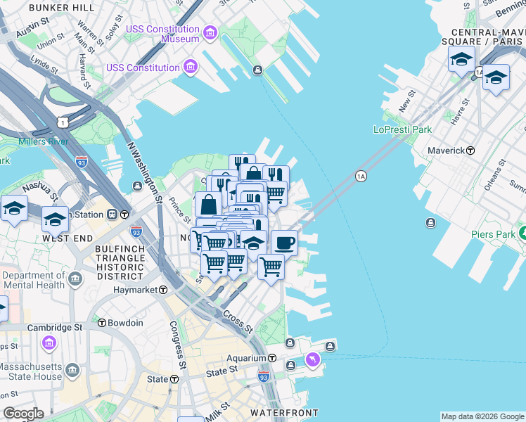 map of restaurants, bars, coffee shops, grocery stores, and more near 7 Powers Court in Boston
