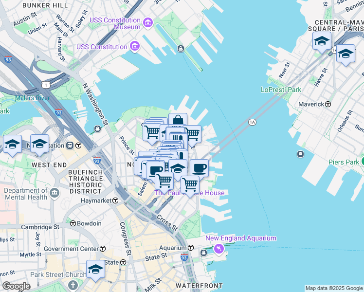 map of restaurants, bars, coffee shops, grocery stores, and more near 7 Powers Court in Boston