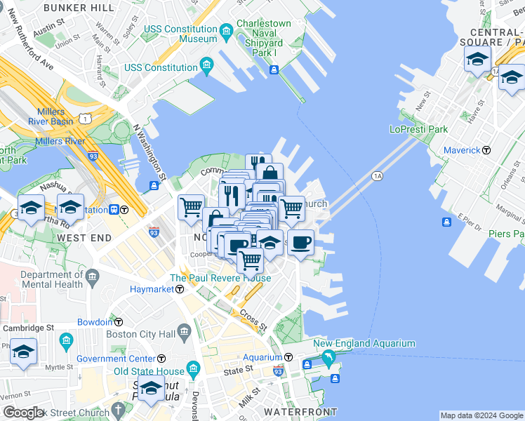 map of restaurants, bars, coffee shops, grocery stores, and more near 4 Charter Street in Boston