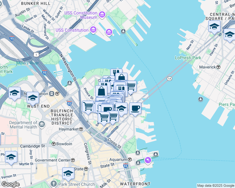 map of restaurants, bars, coffee shops, grocery stores, and more near in Boston