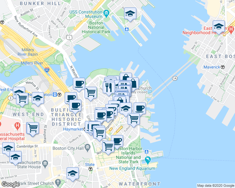 map of restaurants, bars, coffee shops, grocery stores, and more near 4 Charter Street in Boston