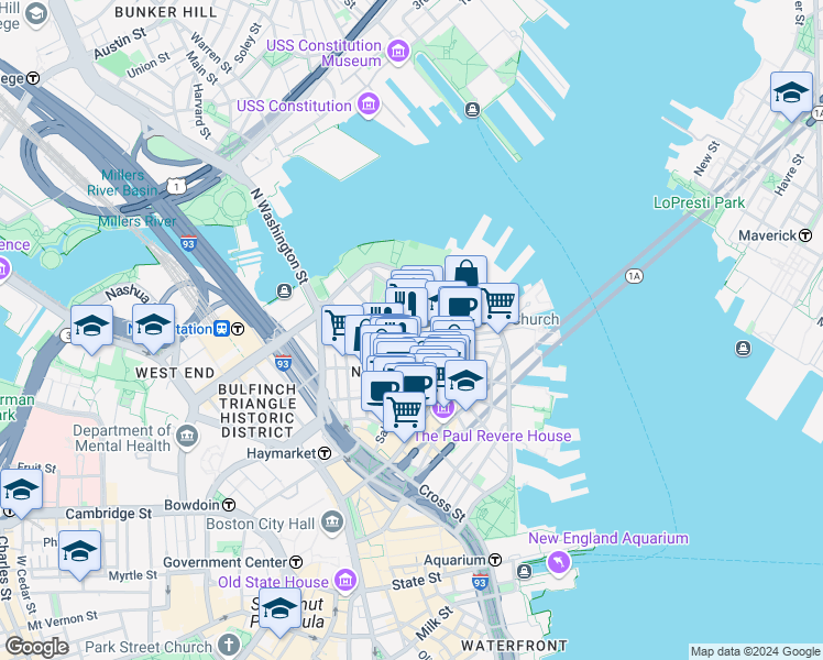 map of restaurants, bars, coffee shops, grocery stores, and more near in Boston