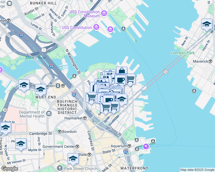 map of restaurants, bars, coffee shops, grocery stores, and more near in Boston