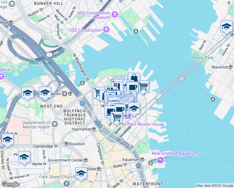map of restaurants, bars, coffee shops, grocery stores, and more near in Boston