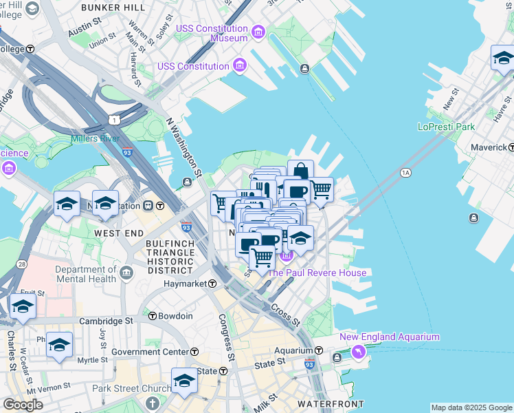 map of restaurants, bars, coffee shops, grocery stores, and more near in Boston