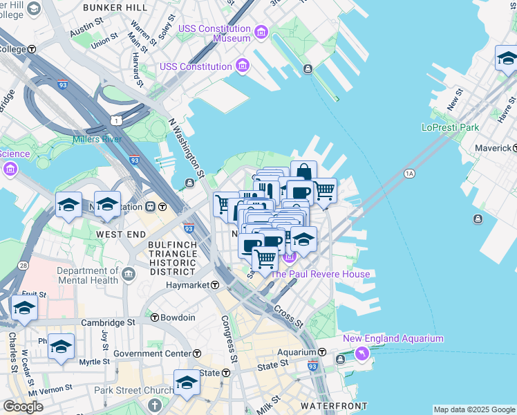 map of restaurants, bars, coffee shops, grocery stores, and more near in Boston