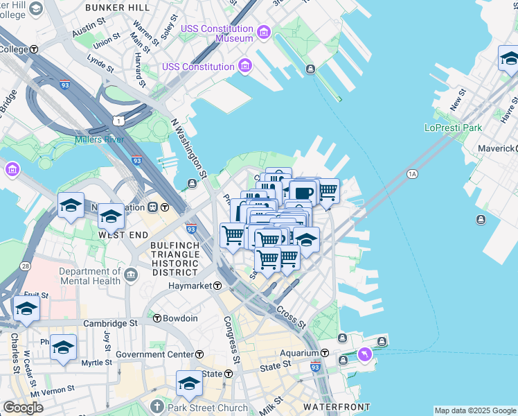 map of restaurants, bars, coffee shops, grocery stores, and more near in Boston