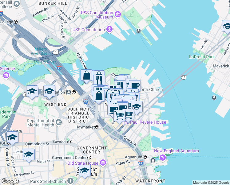 map of restaurants, bars, coffee shops, grocery stores, and more near 3 Snow Hill Street in Boston