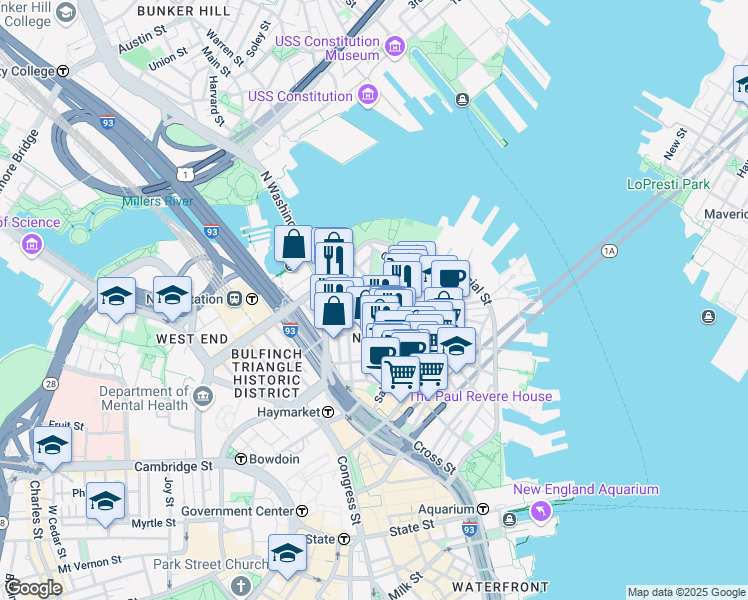 map of restaurants, bars, coffee shops, grocery stores, and more near 3 Snow Hill Street in Boston