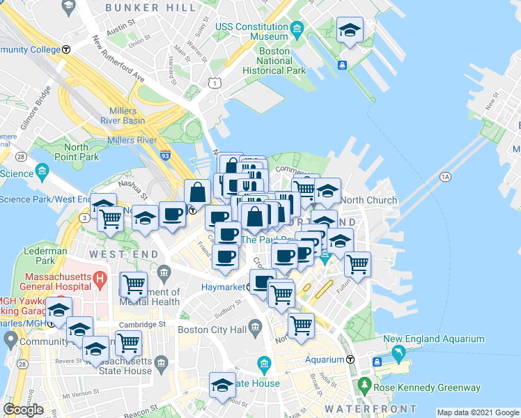 map of restaurants, bars, coffee shops, grocery stores, and more near 7 Endicott Court in Boston