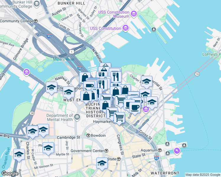 map of restaurants, bars, coffee shops, grocery stores, and more near 225 Causeway Street in Boston
