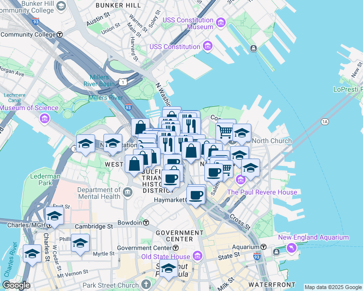 map of restaurants, bars, coffee shops, grocery stores, and more near 225 Causeway Street in Boston