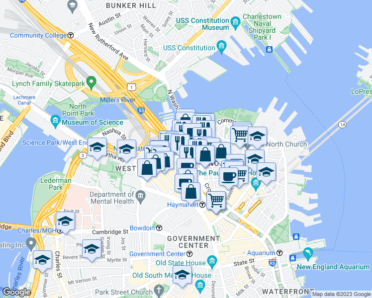 map of restaurants, bars, coffee shops, grocery stores, and more near 225 Causeway Street in Boston