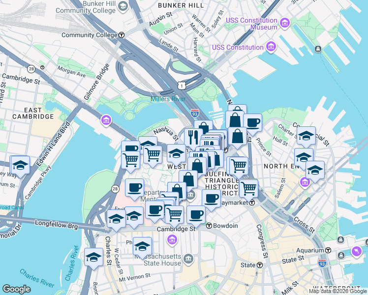 map of restaurants, bars, coffee shops, grocery stores, and more near in Boston
