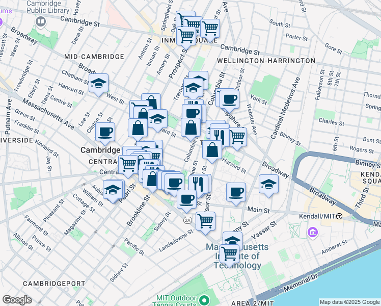 map of restaurants, bars, coffee shops, grocery stores, and more near 107 Columbia Street in Cambridge