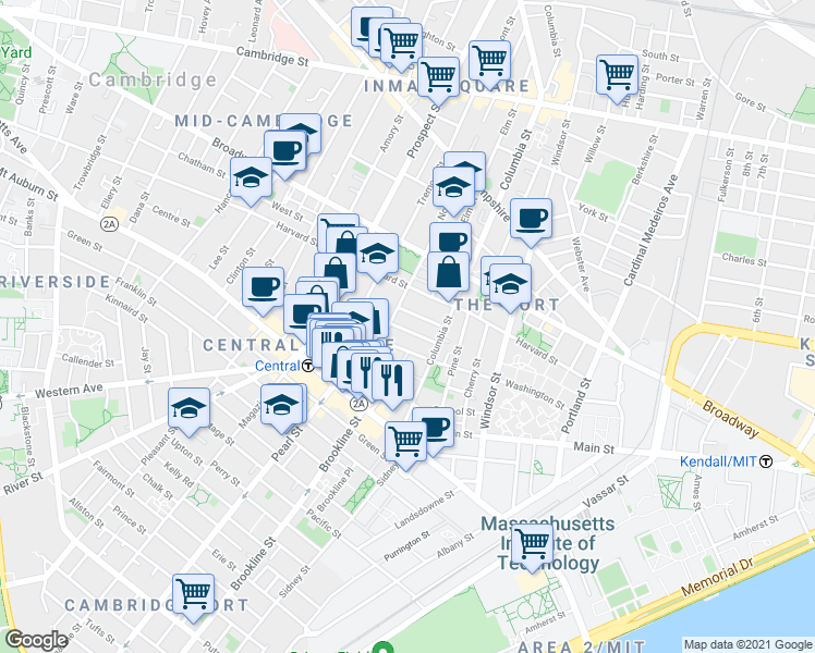 map of restaurants, bars, coffee shops, grocery stores, and more near 385 Washington Street in Cambridge
