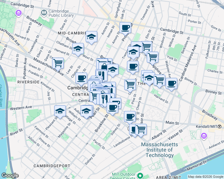 map of restaurants, bars, coffee shops, grocery stores, and more near 5 Ashburton Place in Cambridge