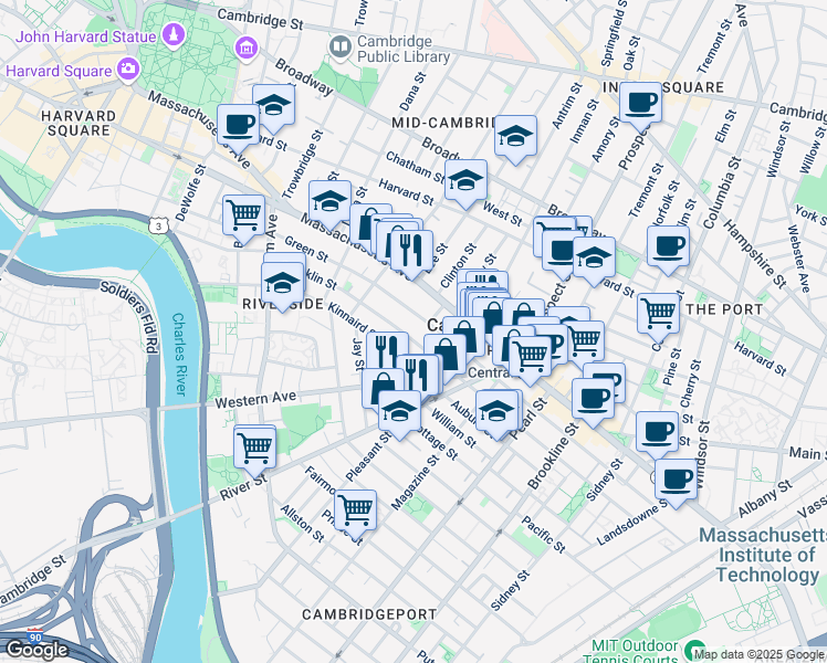 map of restaurants, bars, coffee shops, grocery stores, and more near 345 Franklin Street in Cambridge
