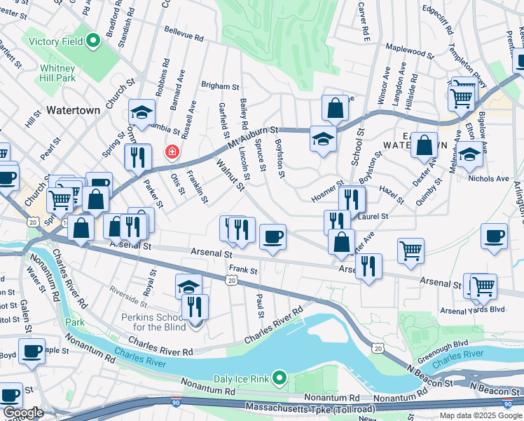 map of restaurants, bars, coffee shops, grocery stores, and more near 85 Walnut Street in Watertown