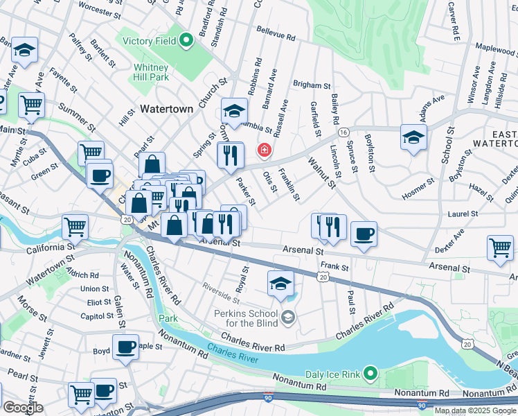 map of restaurants, bars, coffee shops, grocery stores, and more near 44 Washburn Street in Watertown