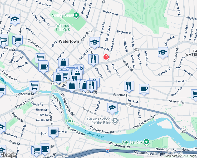 map of restaurants, bars, coffee shops, grocery stores, and more near 55 Phillips Street in Watertown