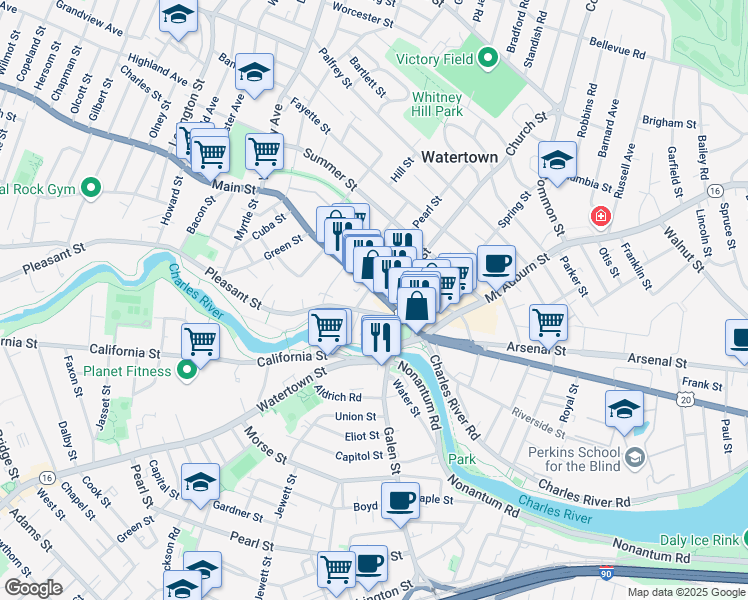 map of restaurants, bars, coffee shops, grocery stores, and more near 27 Pleasant Street in Watertown
