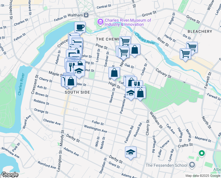 map of restaurants, bars, coffee shops, grocery stores, and more near 325 Newton Street in Waltham