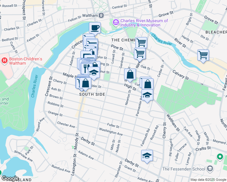 map of restaurants, bars, coffee shops, grocery stores, and more near 92 Myrtle Street in Waltham