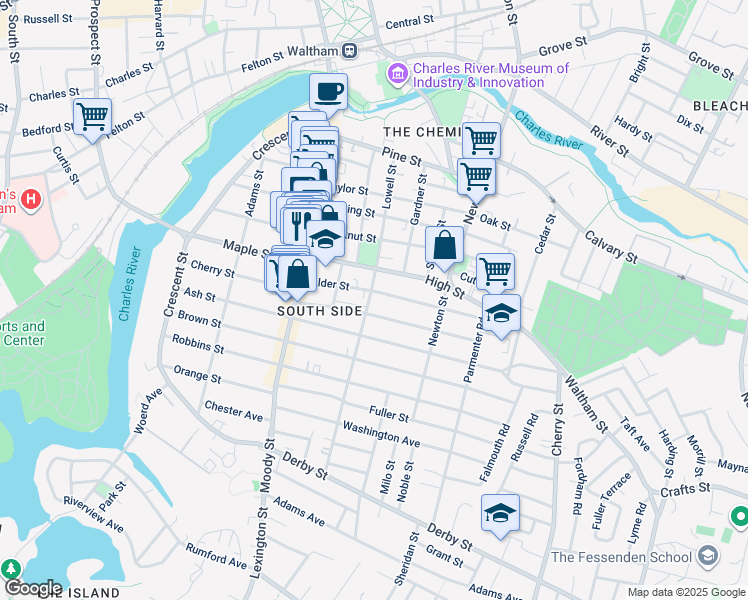 map of restaurants, bars, coffee shops, grocery stores, and more near 65 Myrtle Street in Waltham