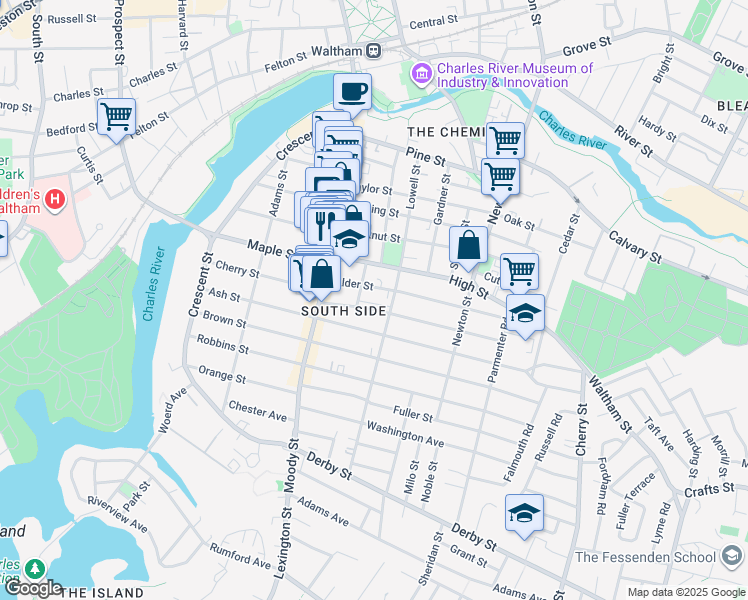 map of restaurants, bars, coffee shops, grocery stores, and more near 65 Myrtle Street in Waltham