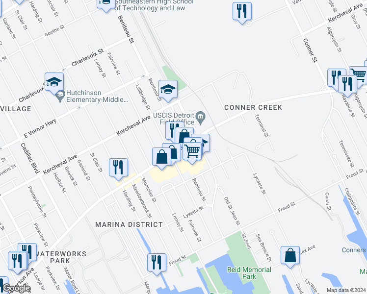 map of restaurants, bars, coffee shops, grocery stores, and more near in Detroit