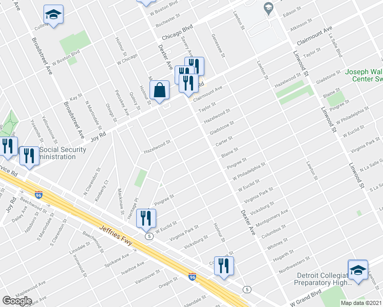map of restaurants, bars, coffee shops, grocery stores, and more near 3773 Carter Street in Detroit