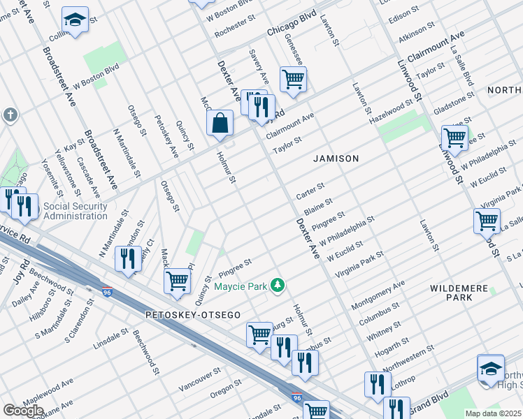 map of restaurants, bars, coffee shops, grocery stores, and more near 3773 Carter Street in Detroit